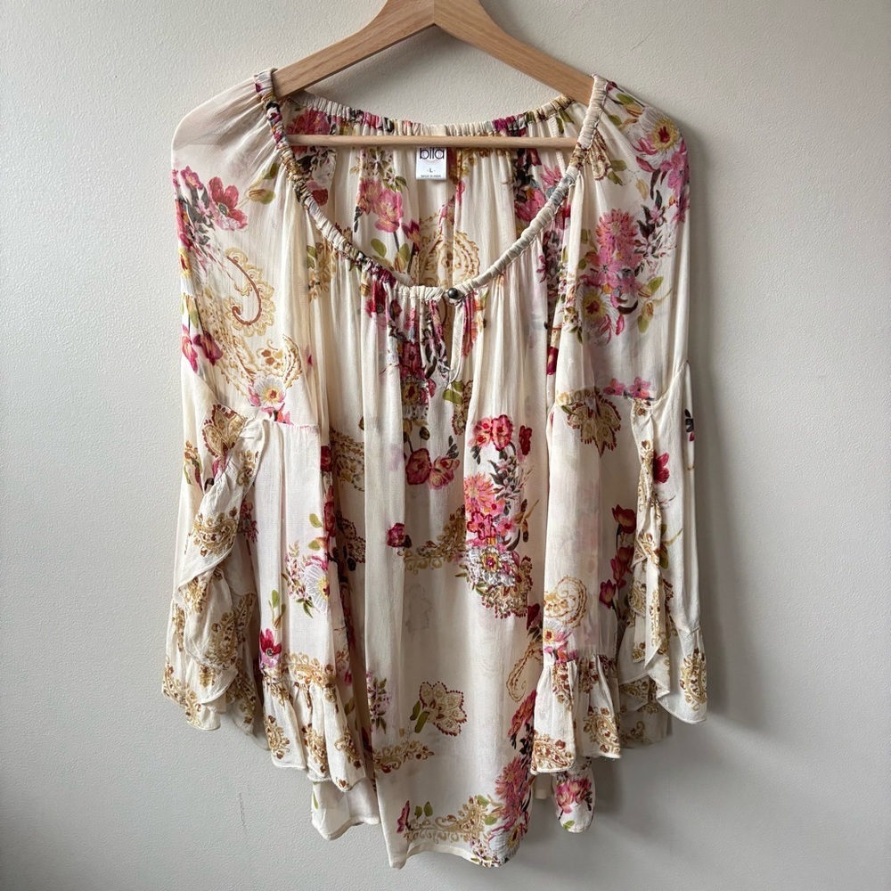 Bila Floral Cream and Pink Beaded Blouse